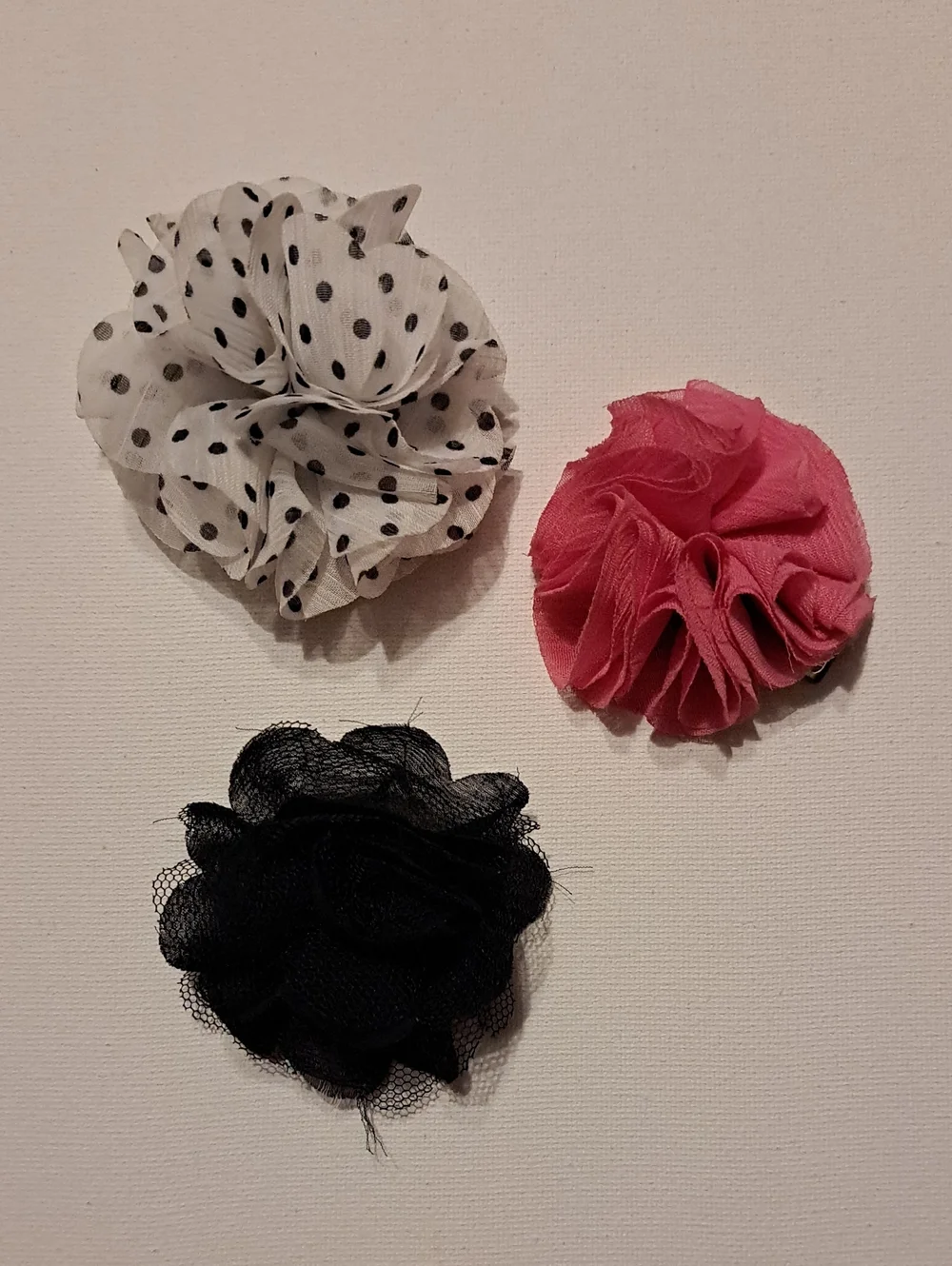 Set Of 3 Kids Floral Fabric Hair Clips - Pink, Black, White Polka Dot